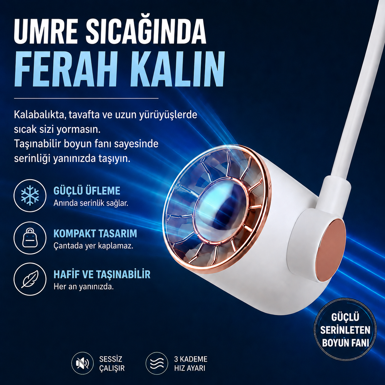 Şarjlı Boyun Fanı Vantilatör 3 Kademeli