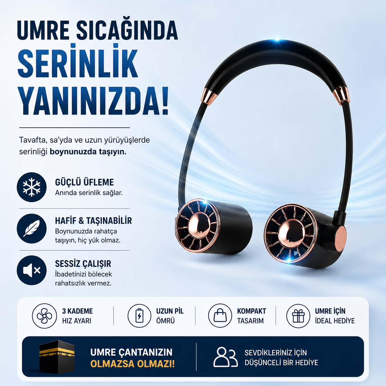 Şarjlı Boyun Fanı Vantilatör 3 Kademeli